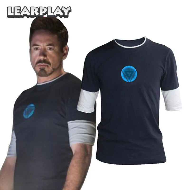 

Iron Man 3 Tony Stark Navy Blue T-shirt Night Luminous Mid Sleeve T Shirt Basic Tee Logo Tops Soft Fitness Tight Costume For Men