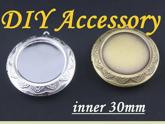 

30mm Blanks Round Locket Mirror Cameo Base Settings Outside Carved Flower Stripe Locket Pendant Necklace DIY Jewelry Accessories