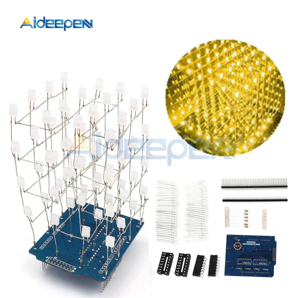 

3D 4X4X4 Yellow LED Light Cube Kit Mini Led Electronic Light Cubeeds DIY Kit for Arduino for Christmas Gift/New Year Gift
