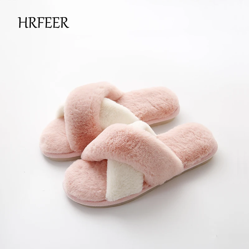 

HRFEER Women Slippers Winter Home Shoes Sweet Rabbit Hair Flat Shoes Woman Indoor Slippers Fur Warm Soft Slip On Female Slippers