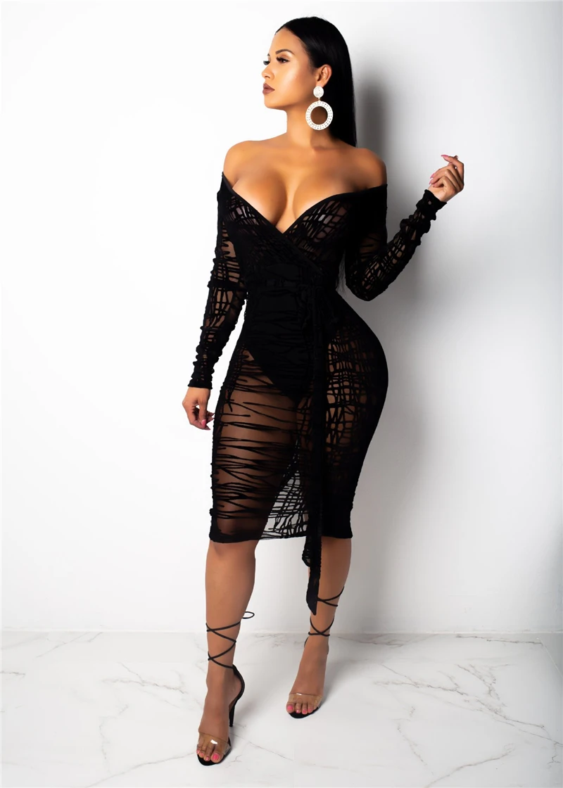 Adogirl рюшами из прозрачного кружева Bodycon платье плюс Размеры S 4XL Для женщин