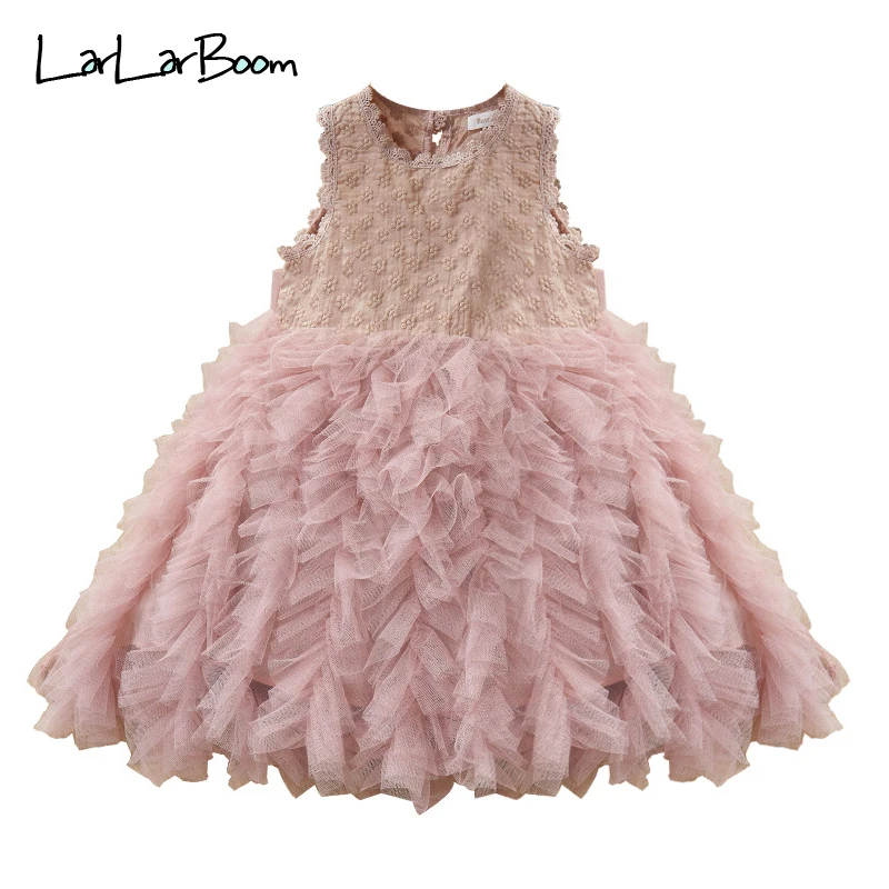 

LarLarBoom Girls Dress Cute Relief Embroidery Children's Irregular Dress Kids Mesh Ball Gown Fashion Girls Party Princess Dress
