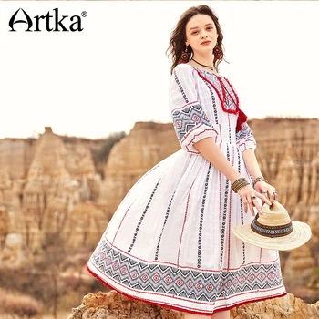

ARTKA 2018 Summer Bohemian Women's Cotton Jacquard Print Drawstring Tassels Lantern Sleeve Vintage Big Swing Long Dress LA10185Q