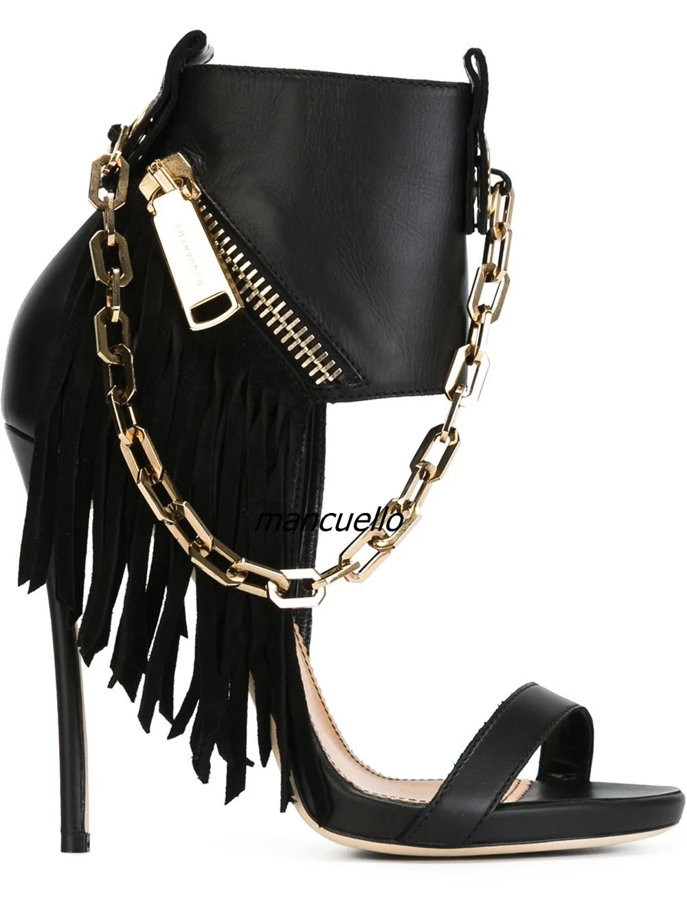Unique New Design Chain Decorated Fringe Sandals Stylish Women Black PU Leather Fake Zip Tassel 