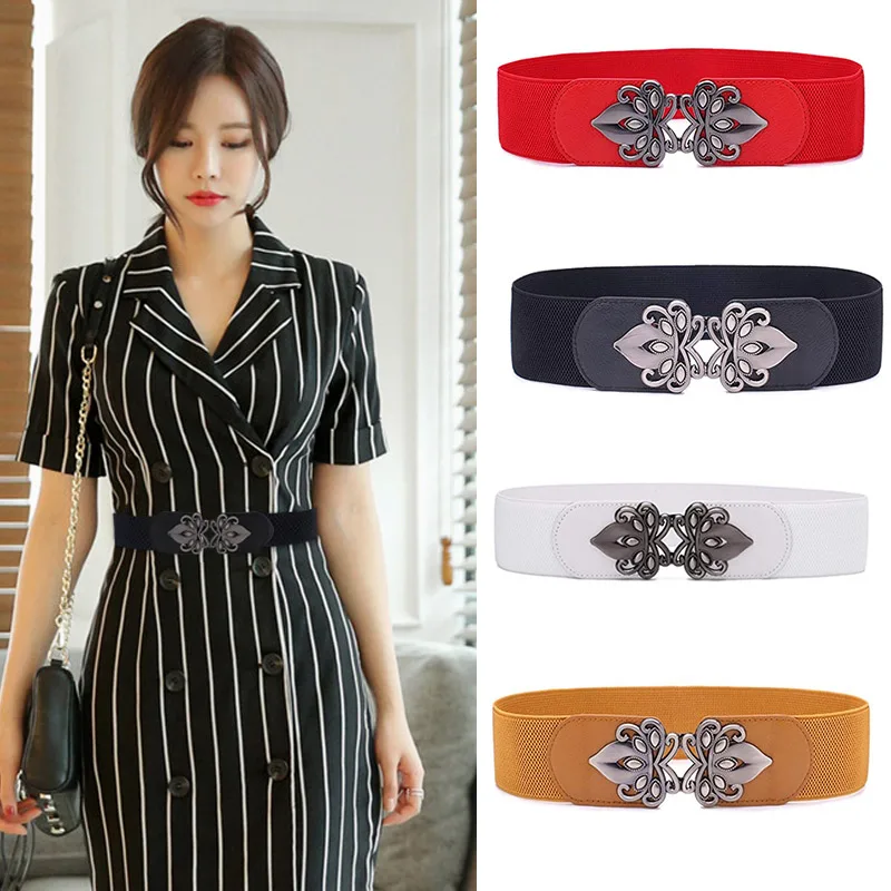 

2019 Women Fashion Wide Elastic Waist Belt Retro Stretch Cinch Belt with Interlocking Buckle TC21
