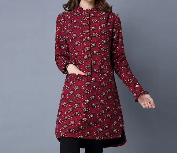En Bleu xl Longue rouge Imprimé 2019 Long Coton Nouvelle Femmes Manteau Mode Chaude Veste Pur M Chemises Printemps Feuilles Lâche Mince Matelassé RxdwYR6