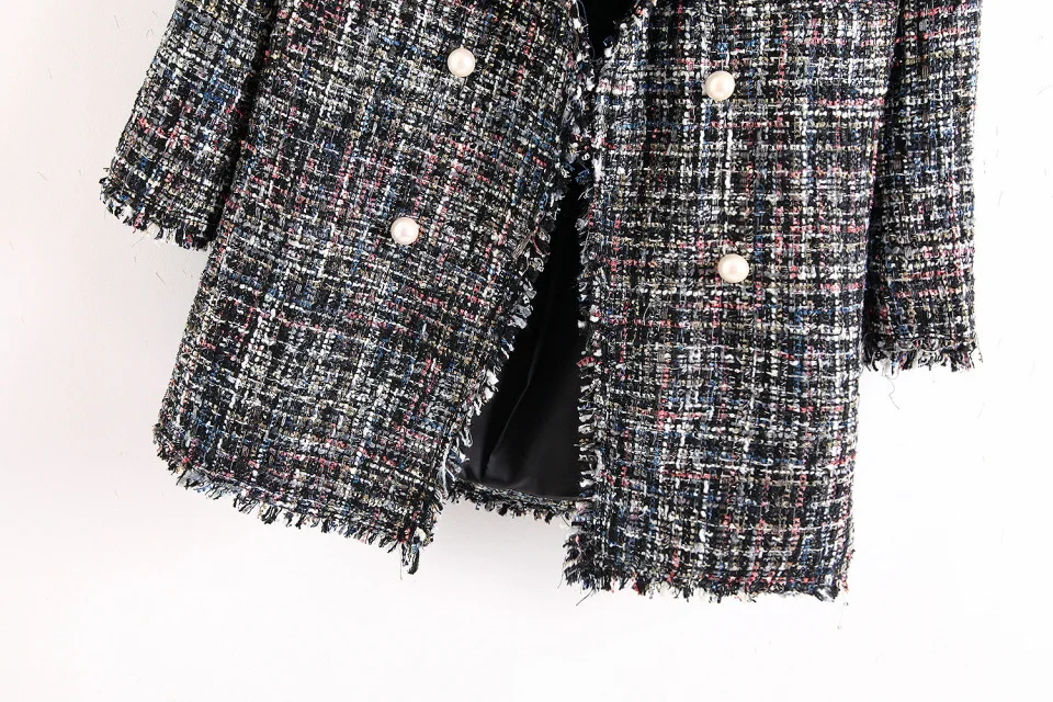 Tanie Świeży styl wiosna jesień kobieta casualowa kurtka płaszcz ręcznie pomponem luźny płaszcz w kratkę tweedowy płaszcz kurtka klapa gruba kurtka