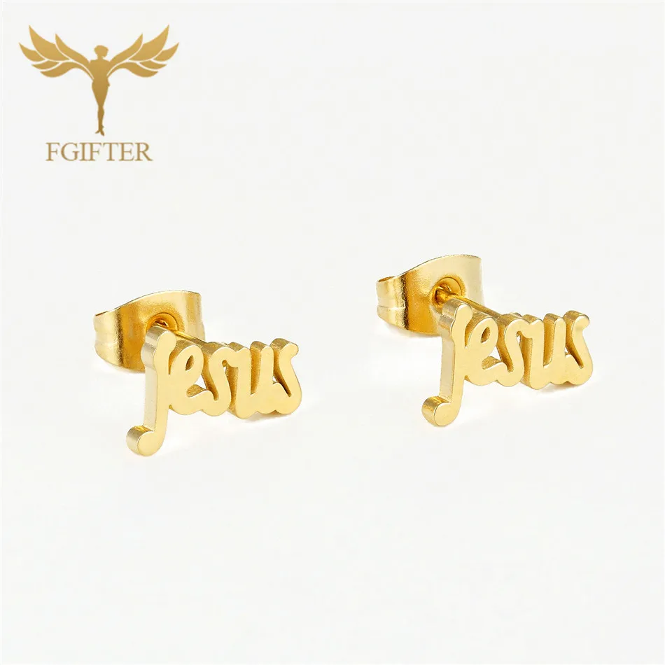 FGifter, серьги в стиле панк-рок, маленький золотого цвета с надписью «Jesus», серьги-гвоздики из нержавеющей стали, Женские Ювелирные изделия для мужчин
