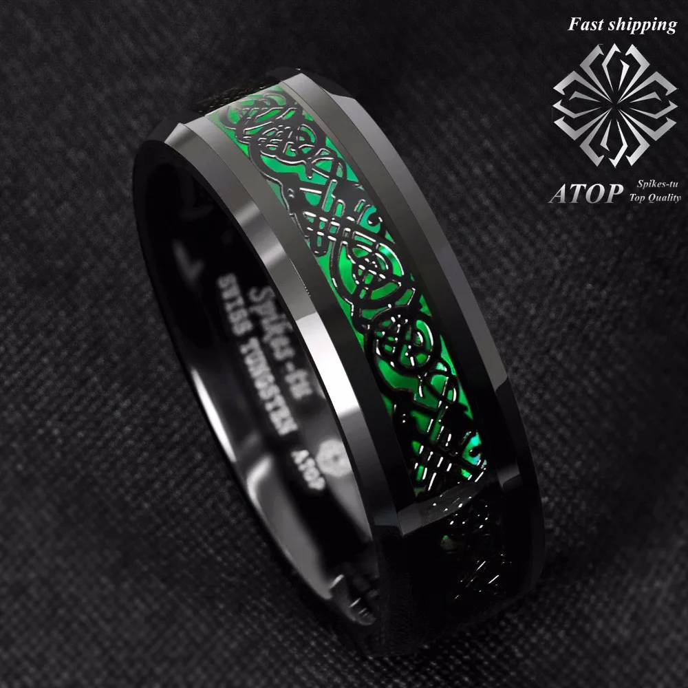 

8mm Tungsten Ring Black Celtic Dragon Green Carbon Fiber ATOP Mens Wedding Band