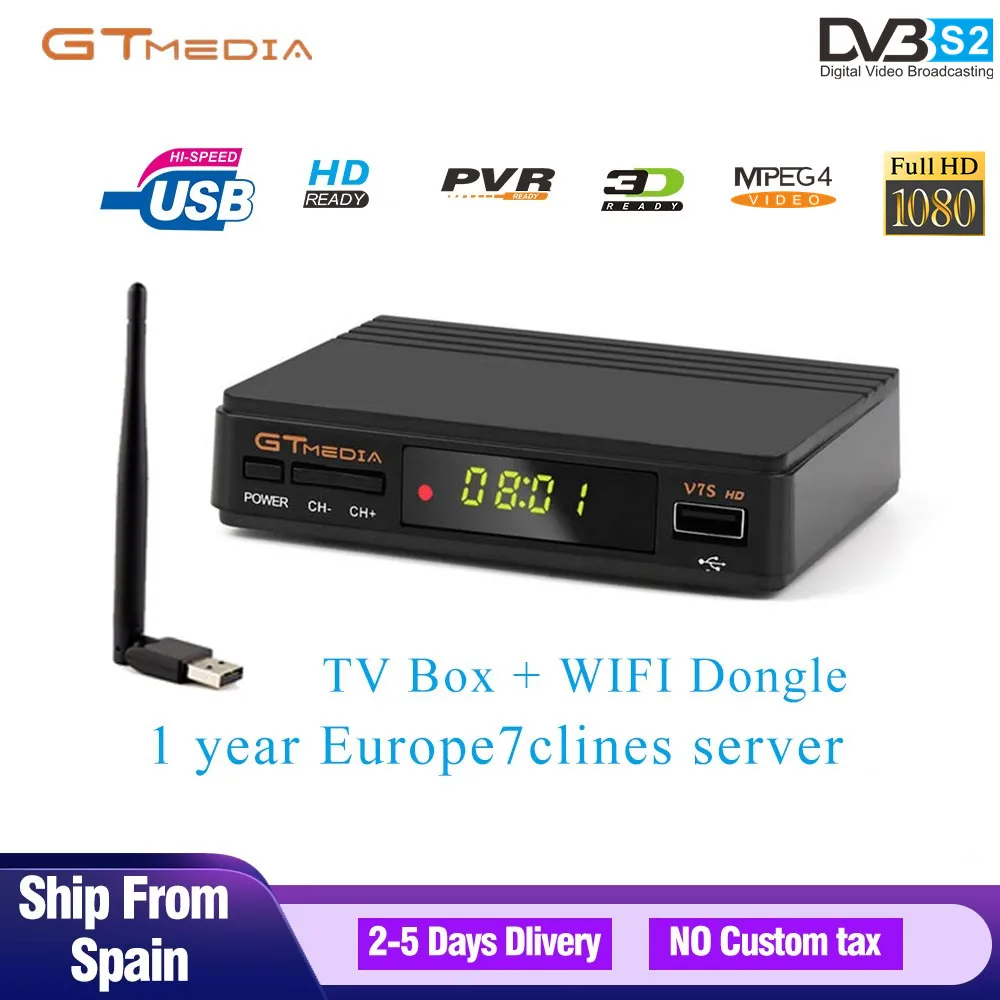 

Gtmedia Hot Satellite Receiver DVB-S2 V7S HD Receptor + WIFI With 1 Year Europe Cline Cccam For Spain Support Youtube IPTV Box