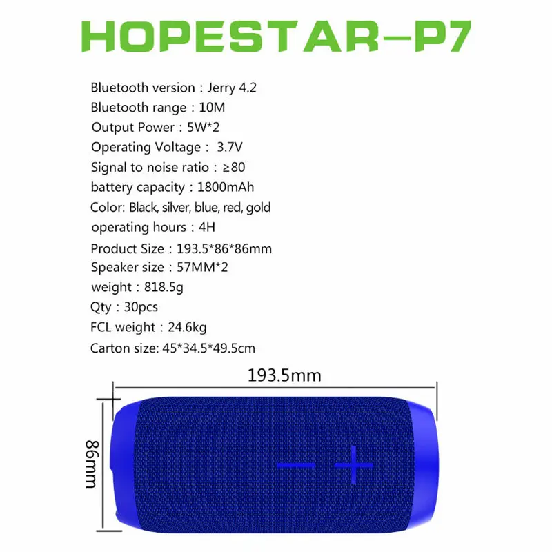 HOPESTAR P7 Портативный беспроводной водонепроницаемый Bluetooth динамик IPX6 Колонка коробка бас мини сабвуфер стерео громкий динамик зарядка Mobil
