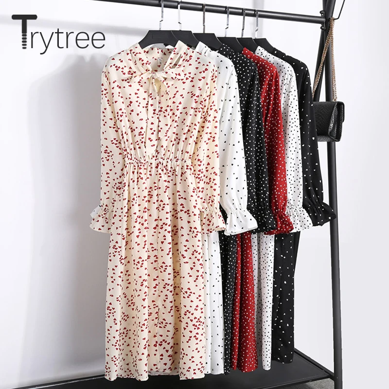 

Trytree Summer Autumn Casual Dress Women Print Bow Tie Butterfly Sleeve Elastic Waist dresses A-Line Mid-Calf Office Lady Dress