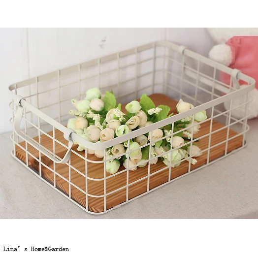 

Solid wood Bottom American vintage desktop storage rectangle wire basket with handles