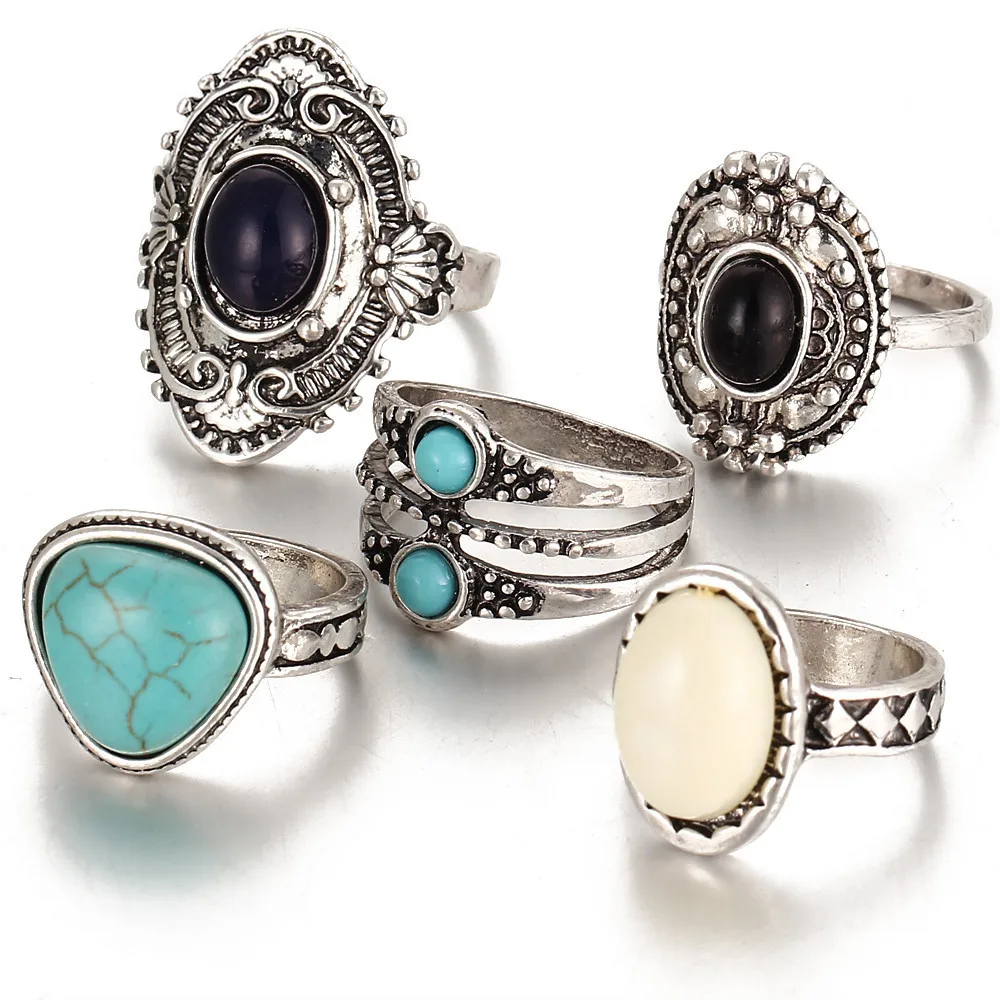 5pcs/Set Women Rings for Women Boho Geometric Silver Stack Rings Above Knuckle Blue Rings Set Bohemian Midi Finger Jewelry Fashion Jewelry