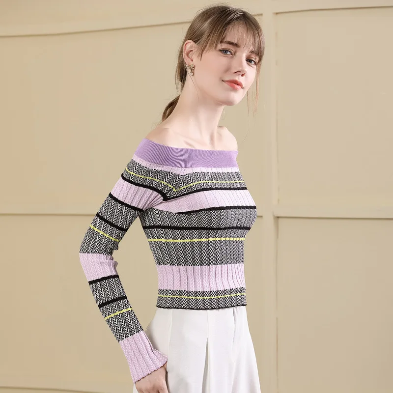 Striped print patchwork off shoulder slash neck elastic knit pullovers sweater shirts 2018 new women autumn short sweater 
