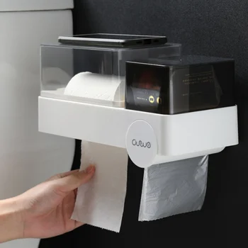 

Punch Free Bathroom Tissue Box Visible Waterproof Sanitary Napkin Storage Box Multifunction Wall Hang Roll Paper Trash Bag Rack