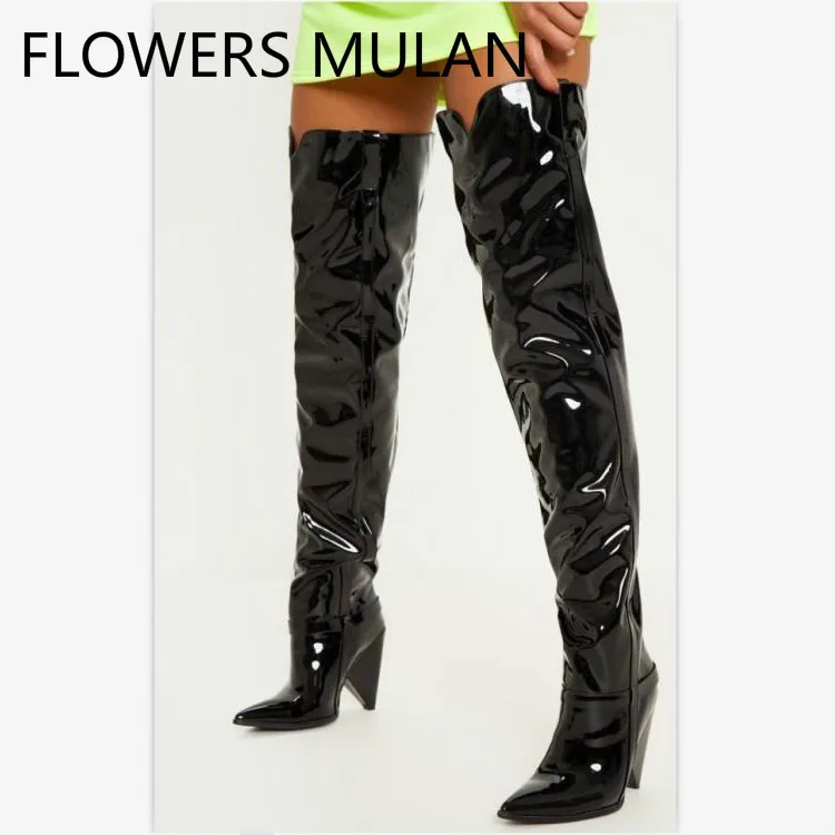 thigh high black patent leather boots