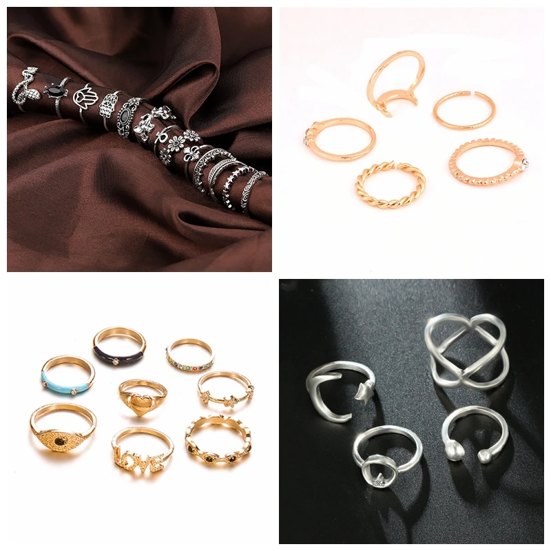 

Punk bohemian 14 Pcs/set Elephant Flower Leaf Crown Ring Set Palm Crystal Knuckle Finger Midi Rings Wedding Jewelry Gift