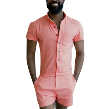 

Mens Summer Fashion Short Sleeve Rompers Male Stretch Jumpsuit Single Breasted Short Cargo Pants Tops Zipper Trousers Overalls