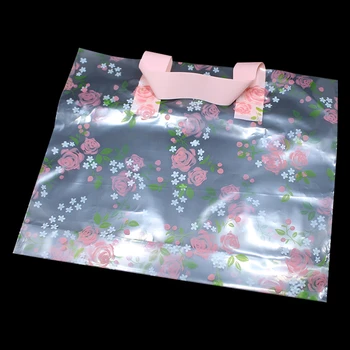 

30Pcs Transparent Shopping Packaging Bag with Flower Printing Plastic Clear Grocery Clothes Gift Packing Bag with Handle 4 Sizes