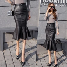 Sexy PU Skirts for Women Ruffle Sweep Mermaid Skirt of Girls High Waist Faux Leather Midi Skirt