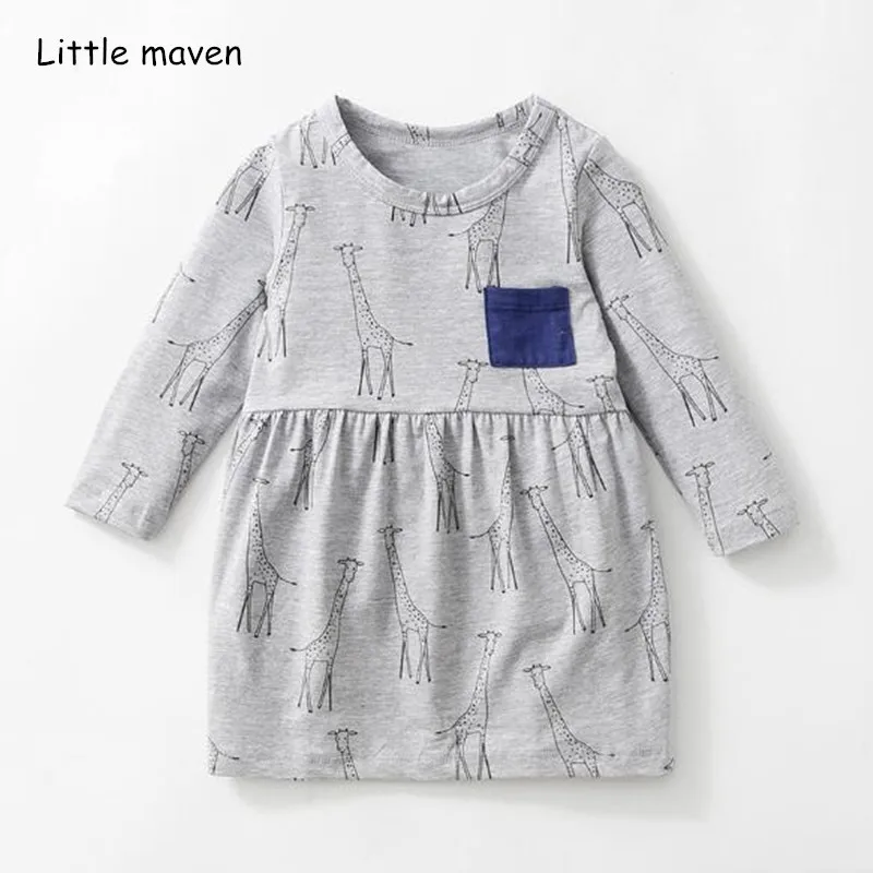 Little maven/Коллекция года, новое Брендовое осеннее детское платье одежда для маленьких девочек хлопковые серые платья с карманами и принтом жирафа для девочек, S0387