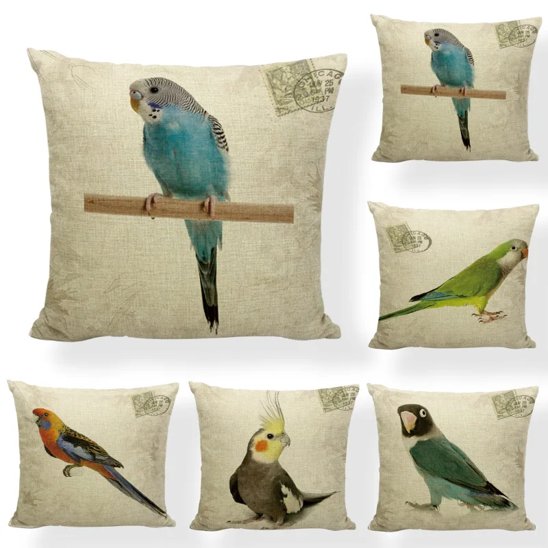 45x45cm Square Cotton Linen Tropical Birds Printed Sofa Decorative Throw Cushion Covers Parrot