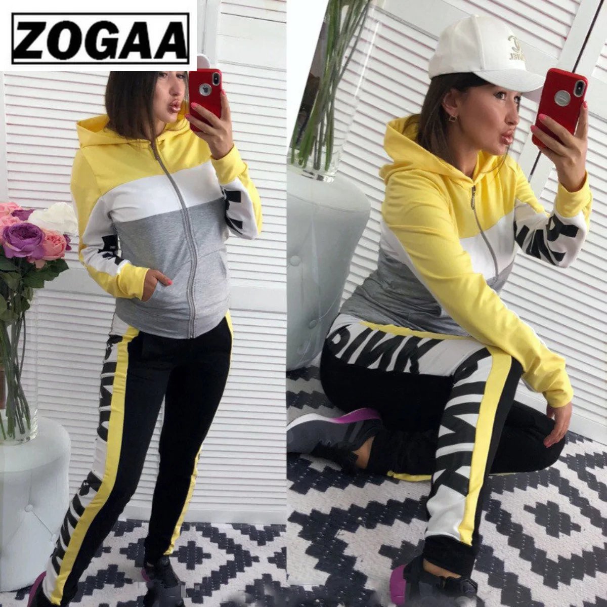 ZOGAA Color Blocking Women Suits for Sporting High Quality Cotton Polyester Hooded Running Suits with Zipper 2 Piece Fitness Set