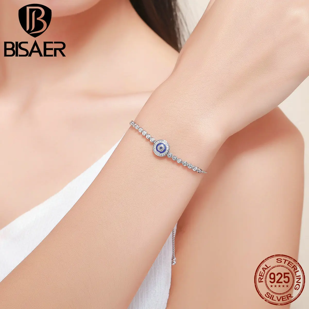 

Authentic 100% 925 Sterling Silver Lucky Luxury Round Blue Eyes Clear Cubic Zircon Crystal Tennis Bracelet Fine Jewelry