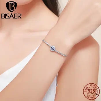 

Authentic 100% 925 Sterling Silver Lucky Luxury Round Blue Eyes Clear Cubic Zircon Crystal Tennis Bracelet Fine Jewelry