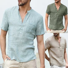 INCERUN Beach Hawaiian Casual Men Shirts Short Sleeve Henley Collar V Neck Basic Button Loose Fit 3XL Camisa Masculina Summer