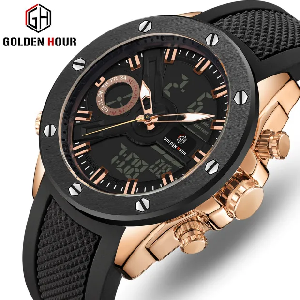 

GOLDENHOUR 2019 New Luxury Brand Men waterproof Sport Watch Men Quartz Alarm LCD Analog Digital Watch Male Rubber Strap Clock