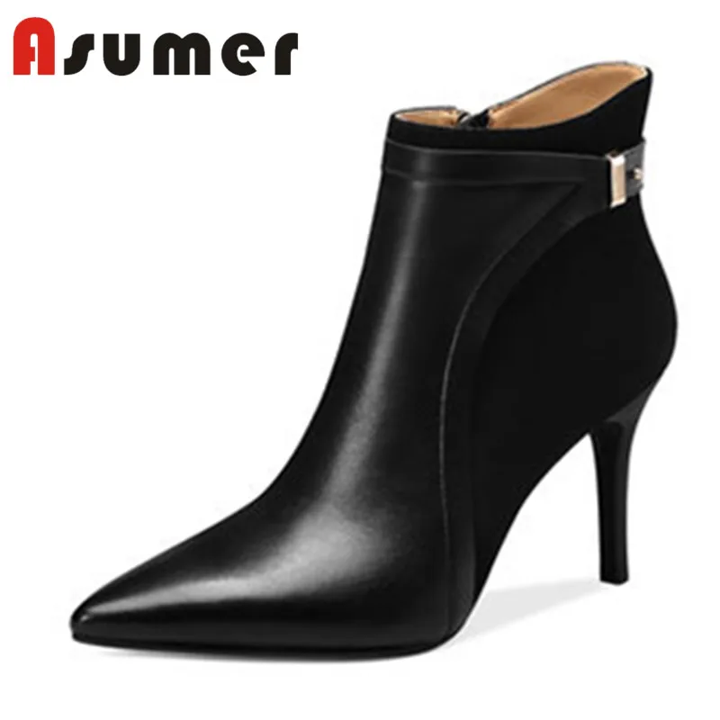 

ASUMER HOT SALE 2018 thin heels adult high heels boots pointed toe zip ankle boots for women patchwork genuine leather boots