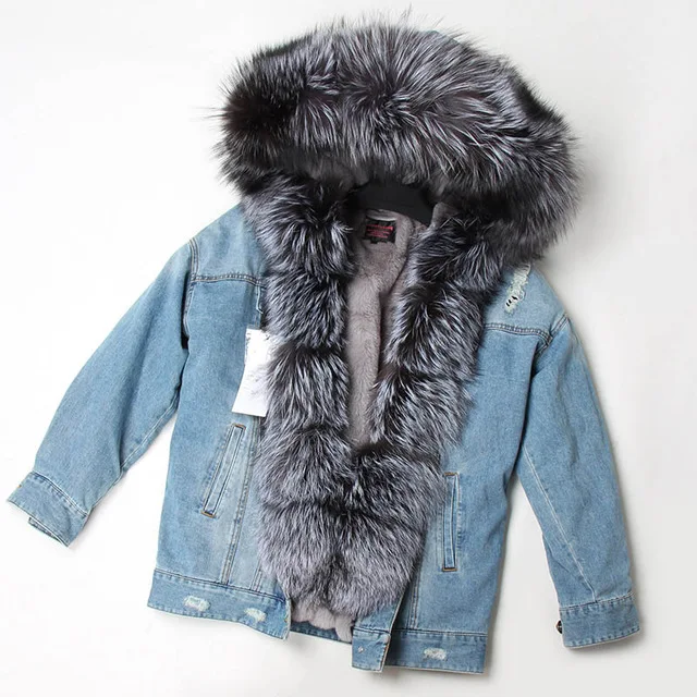 Maomaokong natural rabbit fur lined denim jacket fox fur coat coat fashion denim fox fur warm lady winter jacket women parka - Color: 06