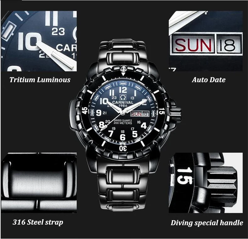 T25 Тритий Светящиеся часы для дайвинга мужские роскошные брендовые швейцарские карнавальные кварцевые часы мужские часы со стальным ремешком водонепроницаемые 200 м