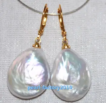 

free shipping AAA 21x18mm South Sea White Baroque Pearl Earrings 14k/20 YELLOW GOLD