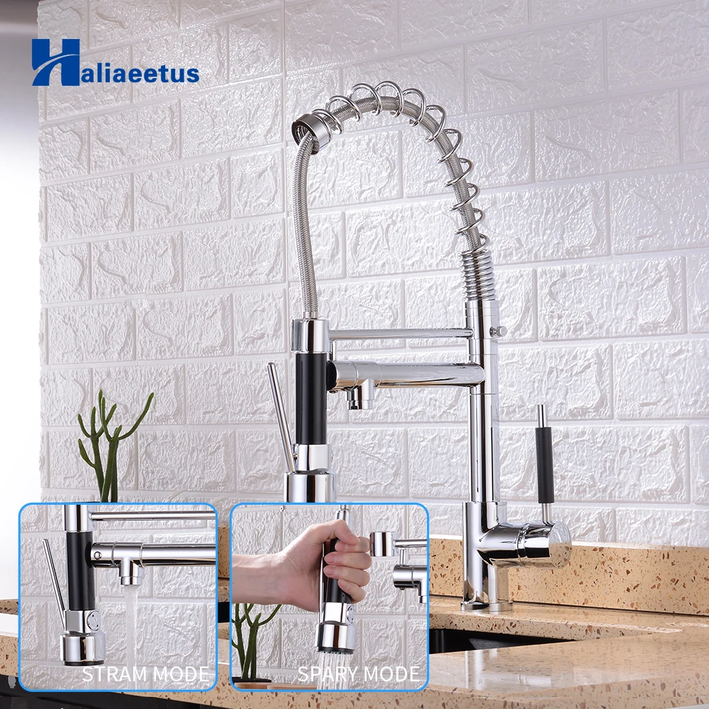 

Kitchen Faucets Chrome Brass Faucets for Kitchen Sink Single Lever Pull Out Spring Spout Mixers Tap Hot Cold Water Crane
