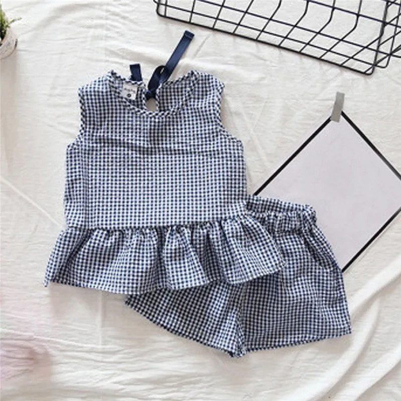 Girls suit summer 2019 new Toddler Kids Baby Girls Outfits Clothes Plaid Sleeveless Vest T-shirt+Shorts Set (23)