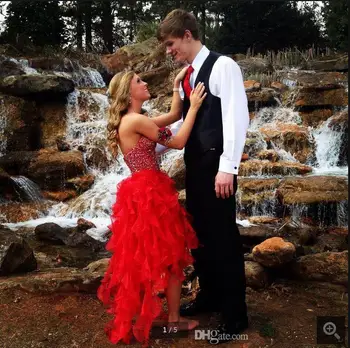 

2016 new arrival red a line beading prom dress strapless ruffled formal high low prom gowns best selling cheap sequined dress