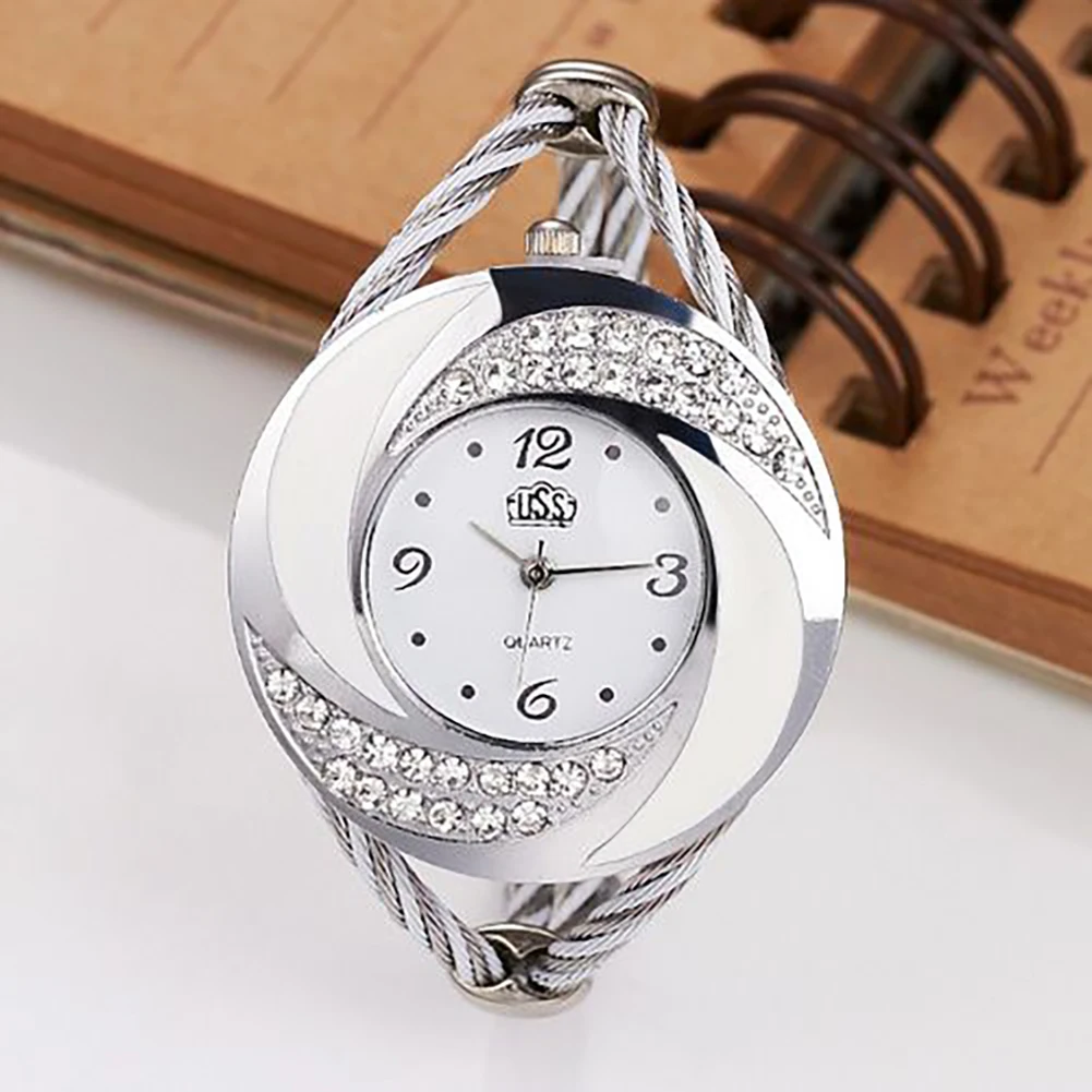 Элегантный Изысканный Леди Часы браслет ленты Нержавеющая сталь браслет часы Круглый циферблат Роскошные Наручные часы для Для женщин