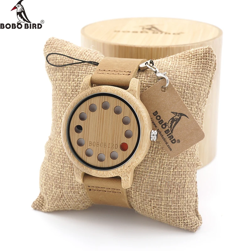 BOBO BIRD 12 Holes Design Bamboo Wooden Watch Mens Quartz Analog Watches with Genuine Leather Band as Gift montre homme