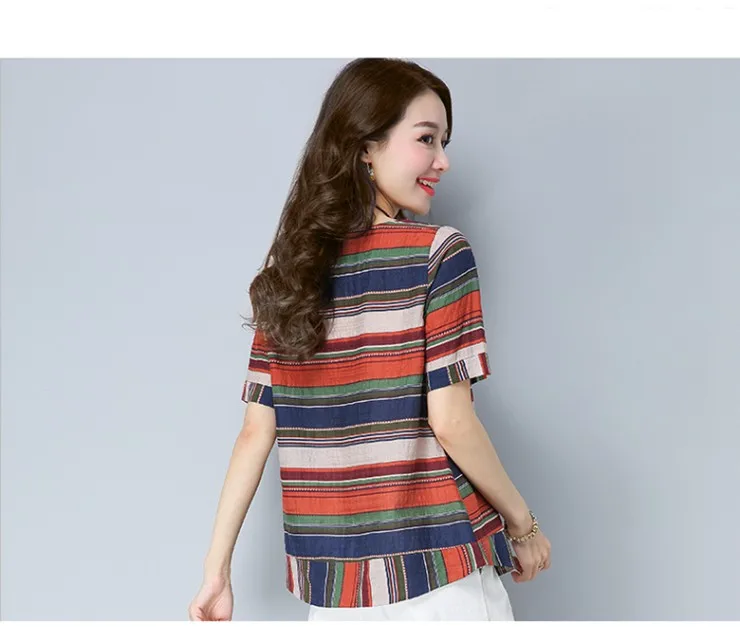 Cotton Linen Blouse Shirt Female Colourful Striped Tops Ladies 2018 New Summer Short Sleeve Women Shirts Rayas Blusas Mujer Mode (7)