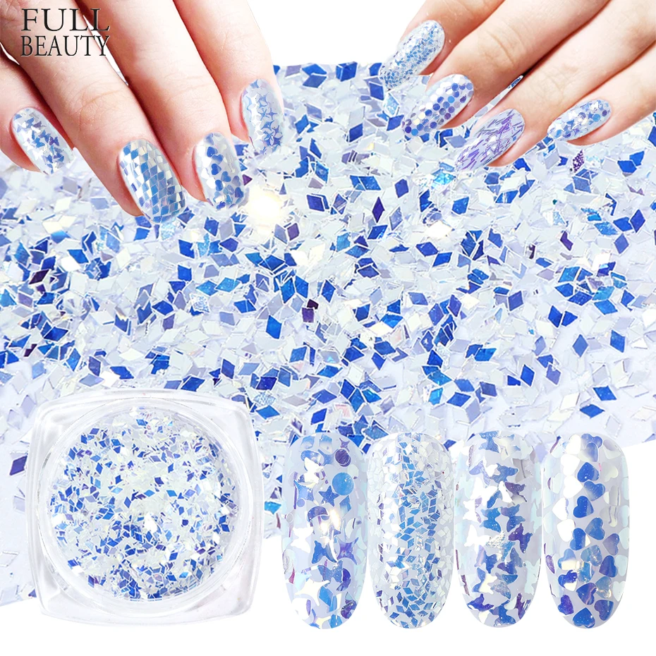 

1set Mixed Holographic Glitter Flakes Blue Heart Butterfly Nail Glitter Sparkly Luminous Powder Manicure 3D Nails Set CH1506-06
