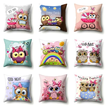 

2019 New Cartoon Cushion Cover Owl Family Print Pillow Case Bird Polyester Cotton Throw Pillow Cover Decoration For Home Office