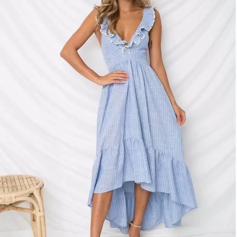

Women Summer Dress 2019 New Fashion Striped Cotton Bohemian Style Clothing Modern Lady's Asymmetrical Dress Feminino Vestidos