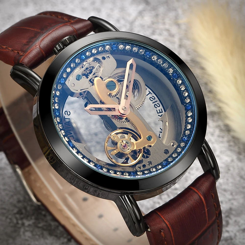 

SHENHUA Male Watch 2019 New Luxury Anodized Blue Skeletonized Mechanical Men's Automatic Wristwatch with Genuine Leather Strap