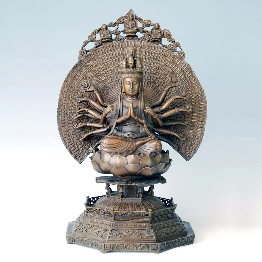 ATLIE Chinese Thousand Hand Kwan yin Sculpture Pure Bronze Guanyin Bodhisattva Statue Religious