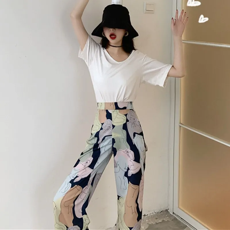 

Summer Pants Set Women Beach Style Boho Set Print Women White T-Shirt High Waist Wide Leg Pants Female Two Piece Set