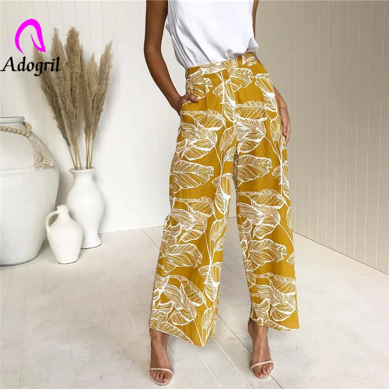 

Adogirl leaf patterned wide leg pants elastic waist women printed pants loose chiffon trousers casual female bottoms