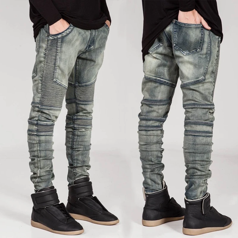 Dropshipping Straight Slim Fit Biker Jeans Pants Pleated Retro Denim